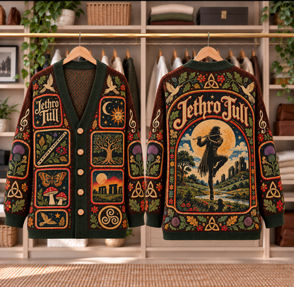 Jethro Tull Patchwork Cardigan - Casual Oversized Button Sweater, Flute Stonehenge Folk Rock Music Fan Gift