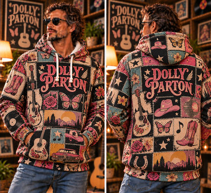 Dolly Parton Patchwork Hoodie – Vintage Country Music Graphic Pullover, Retro Western Floral Hoodie, Dolly Parton Fan Gift