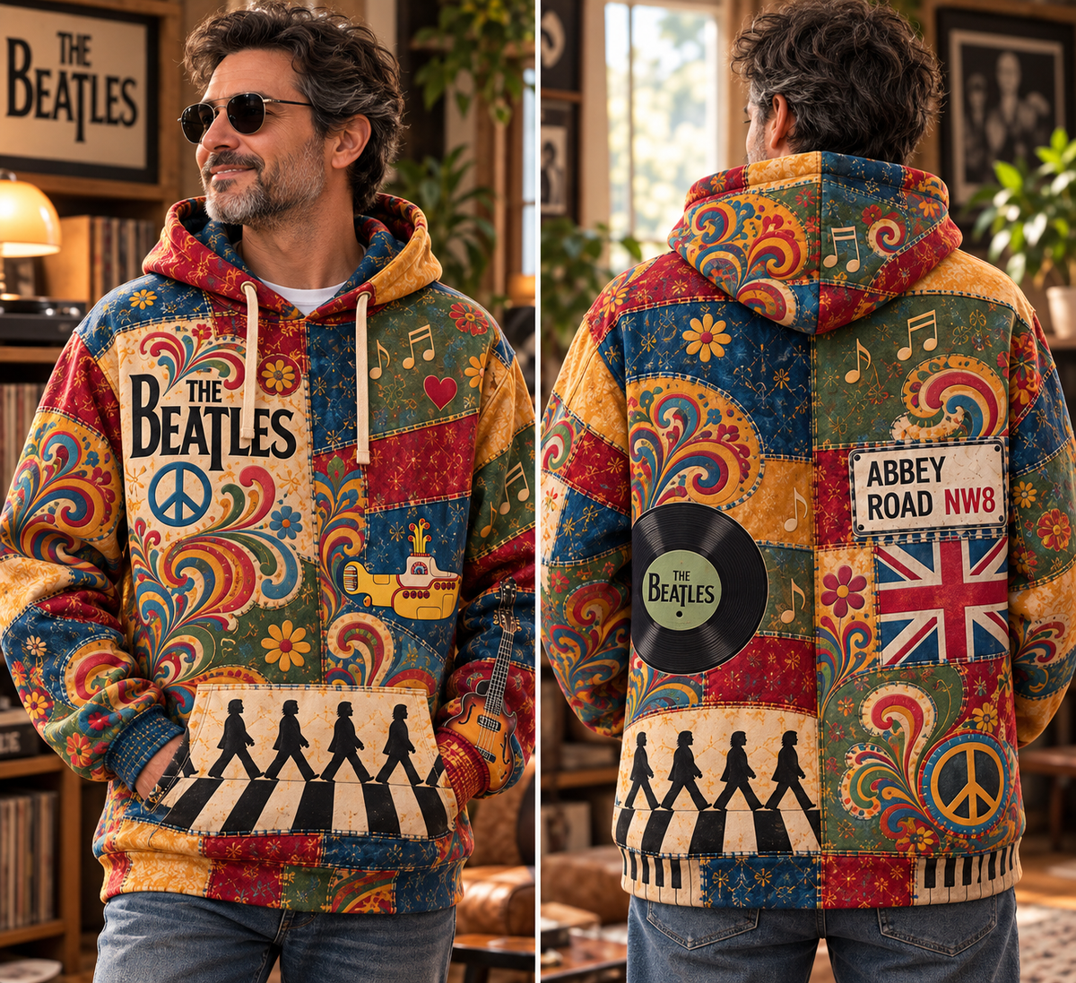 The Beatles Patchwork Hoodie – Vintage 60s Psychedelic Rock Band Pullover, Abbey Road & Yellow Submarine Inspired Hoodie, Retro Beatles Fan Gift