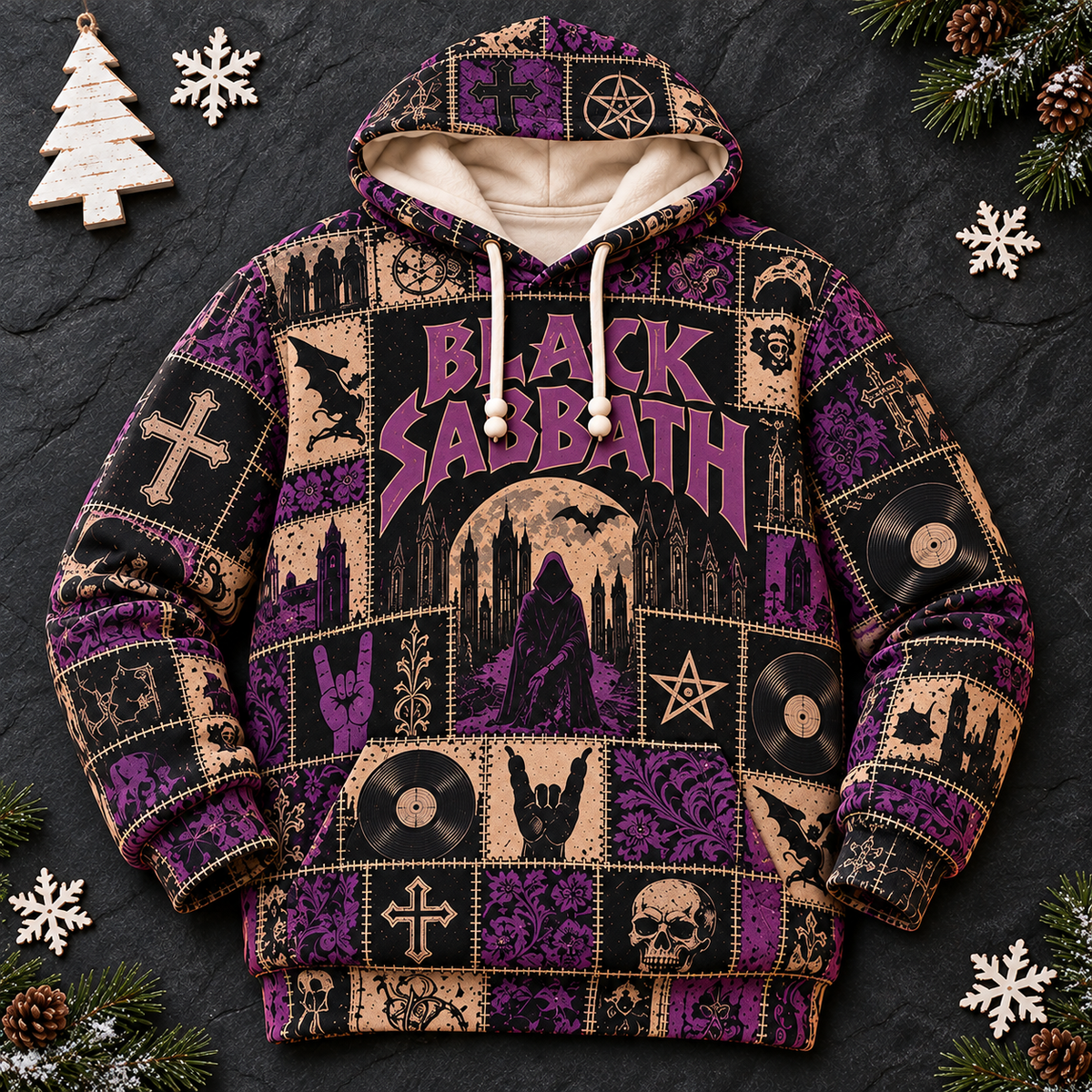 Black Sabbath Patchwork Hoodie – Vintage Heavy Metal Band Graphic Pullover, Purple Gothic Rock Hoodie, Classic Metal Fan Gift