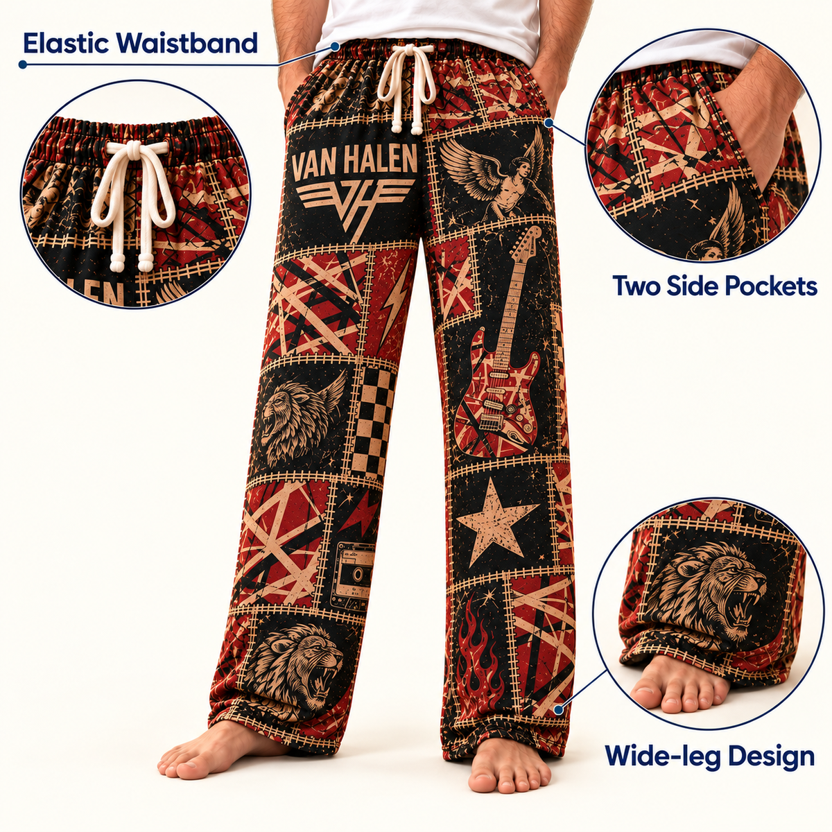 Van Halen Patchwork Pajama Pants - Vintage Hard Rock Art & Frankencaster Stripes Lounge Pants with Elastic Waistband, Adjustable Drawstring & Two Side Pockets