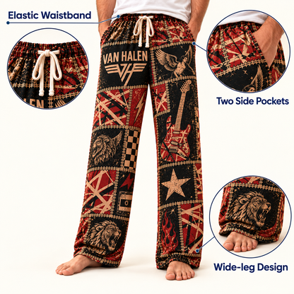 Van Halen Patchwork Pajama Pants - Vintage Hard Rock Art & Frankencaster Stripes Lounge Pants with Elastic Waistband, Adjustable Drawstring & Two Side Pockets