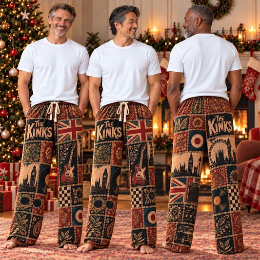 The Kinks Patchwork Pajama Pants - Vintage British Invasion Rock Art & Union Jack Flag Lounge Pants with Elastic Waistband, Adjustable Drawstring & Two Side Pockets