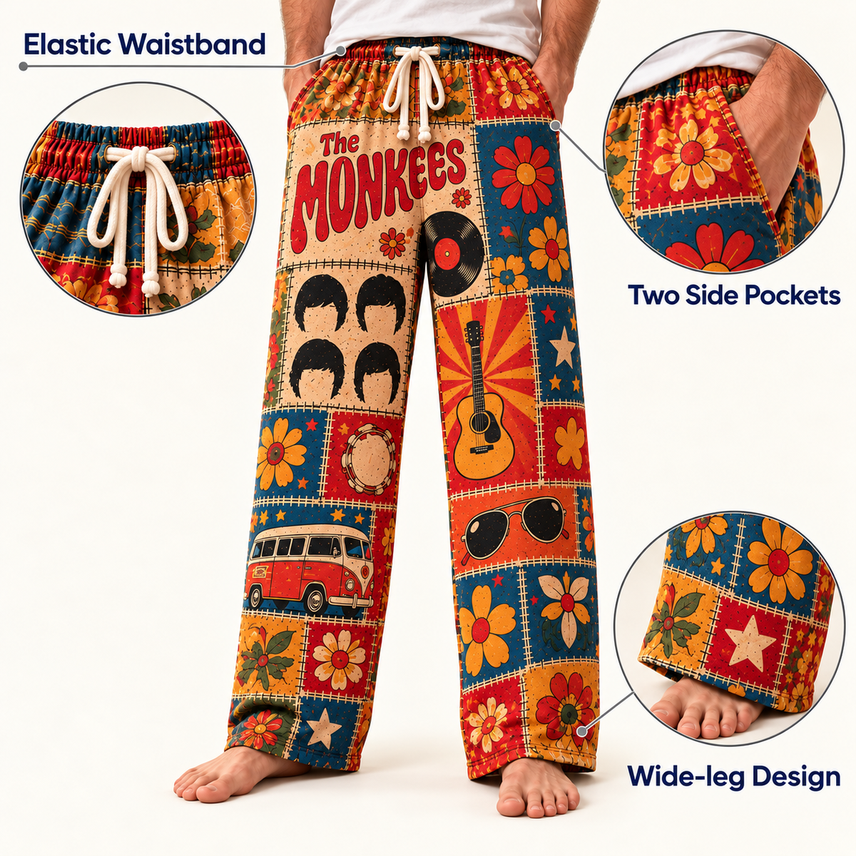 The Monkees Patchwork Pajama Pants - Vintage 60s Pop-Rock Art & Psychedelic Flower Power Lounge Pants with Elastic Waistband, Adjustable Drawstring & Two Side Pockets