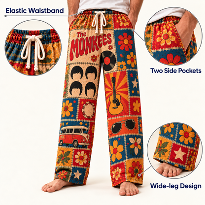 The Monkees Patchwork Pajama Pants - Vintage 60s Pop-Rock Art & Psychedelic Flower Power Lounge Pants with Elastic Waistband, Adjustable Drawstring & Two Side Pockets