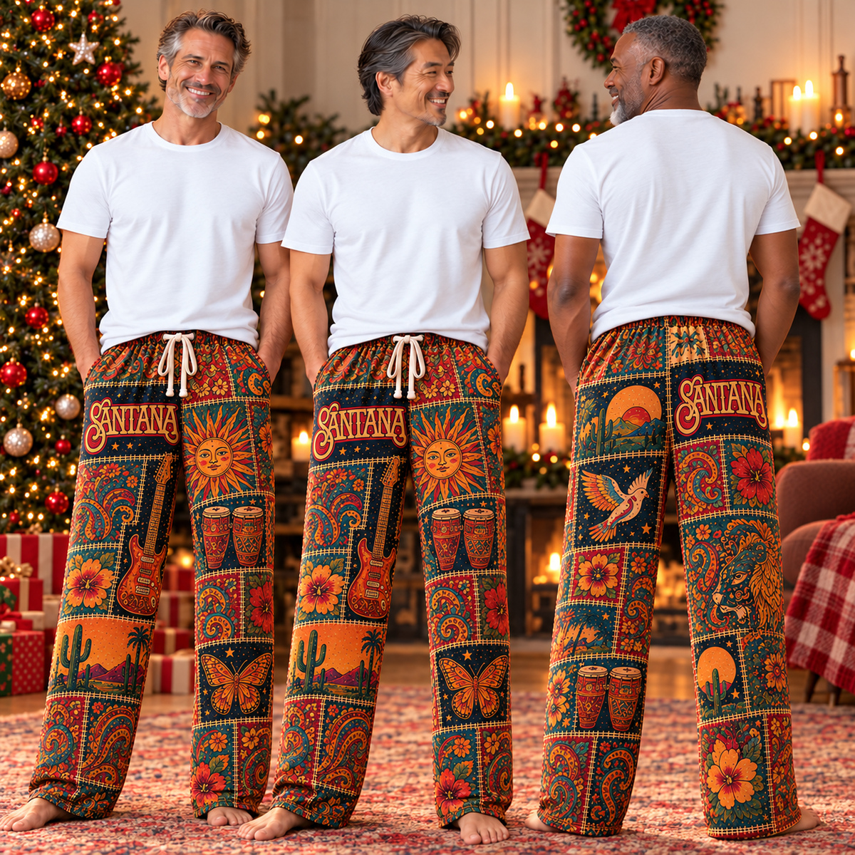 Santana Latin Rock Pajama Pants - Retro Patchwork Electric Guitar, Conga Drums & Desert Cactus Art Sleepwear - Comfortable Pajama Pants for Music Fans