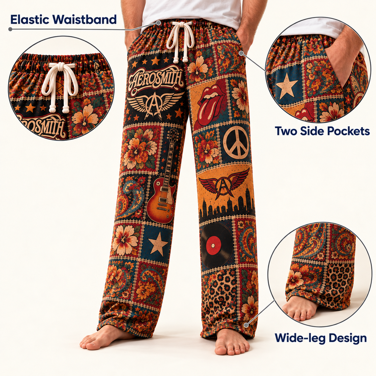 Aerosmith Pajama Pants - Patchwork Classic Rock Art Sleepwear, Comfortable Music Fan Lounge Pants