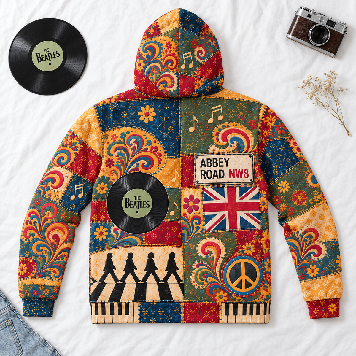The Beatles Patchwork Hoodie – Vintage 60s Psychedelic Rock Band Pullover, Abbey Road & Yellow Submarine Inspired Hoodie, Retro Beatles Fan Gift