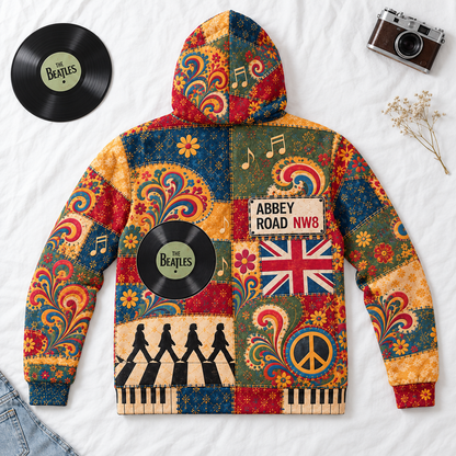 The Beatles Patchwork Hoodie – Vintage 60s Psychedelic Rock Band Pullover, Abbey Road & Yellow Submarine Inspired Hoodie, Retro Beatles Fan Gift
