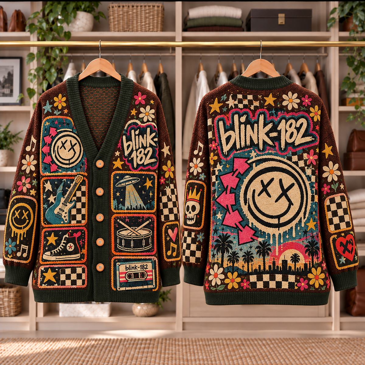 Blink-182 Patchwork Knitted Cardigan - Casual Oversized Button Sweater, Smiley Face UFO Punk Rock Band Fan Gift