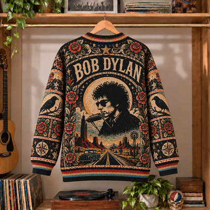 Bob Dylan Vintage Knit Cardigan- Premium Folk Rock Music Merchandise, Retro Acoustic Guitar & Harmonica Graphic Button Up Top
