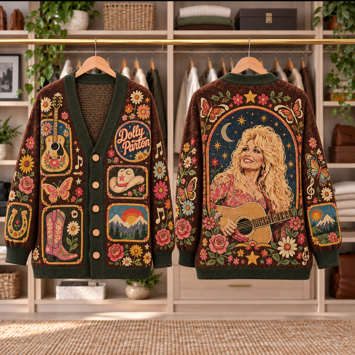 Dolly Parton Patchwork Cardigan - Casual Oversized Button Sweater, Cowboy Hat Boots Country Music Fan Gift