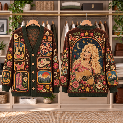 Dolly Parton Patchwork Cardigan - Casual Oversized Button Sweater, Cowboy Hat Boots Country Music Fan Gift