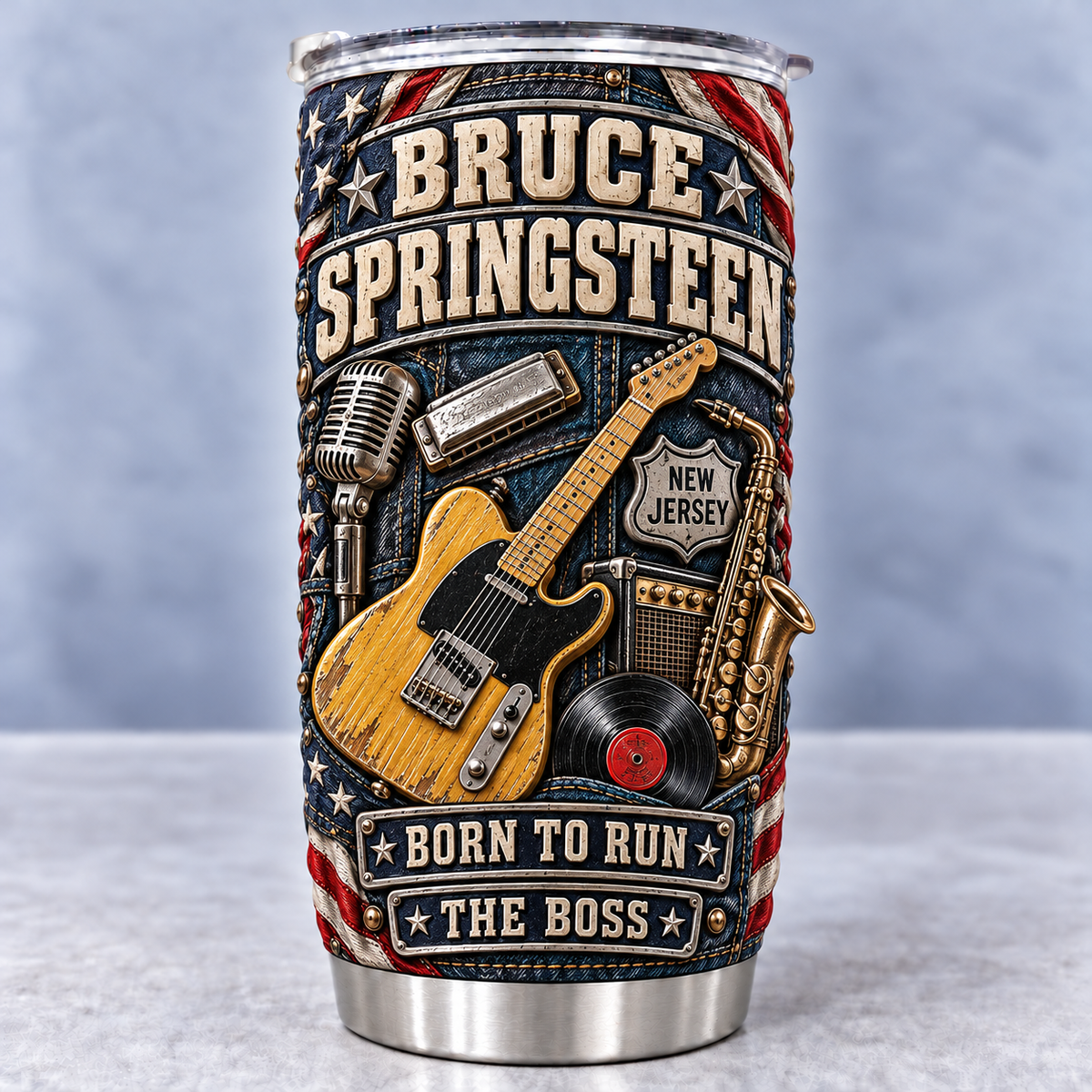 Bruce Springsteen 3D Printed Tumbler - Stainless Steel Insulated Travel Coffee Mug with Lid - Heartband Rock Music Merchandise Gift