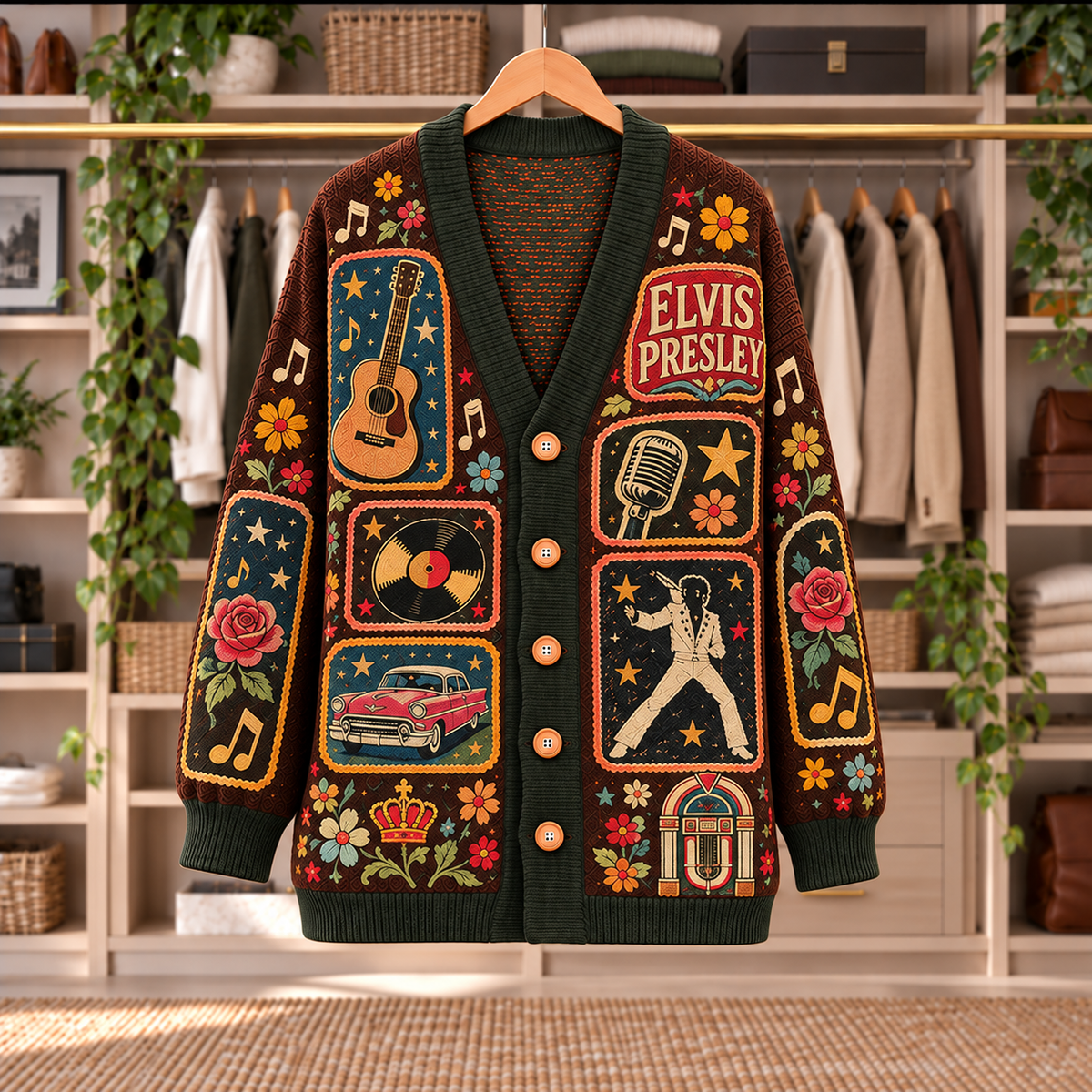 Elvis Presley Patchwork Cardigan - Casual Oversized Button Sweater, Jumpsuit Guitar Vinyl Rock and Roll Fan Gift