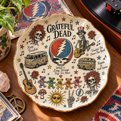 Grateful Dead Sketch Art Jewelry Dish - Ceramic Trinket Tray, Steal Your Face Ring Holder, Retro Rock Band Fan Gift