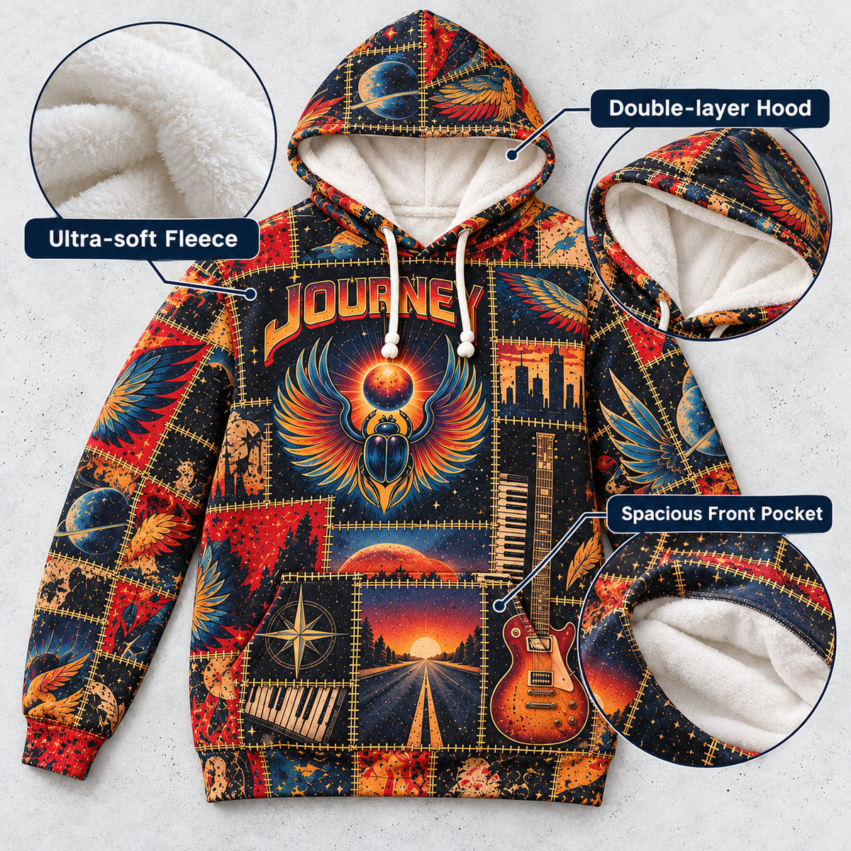 Journey Patchwork Hoodie – Vintage Rock Band Graphic Pullover, Retro Phoenix & Sunset Design, Classic Rock Music Fan Gift, Journey Inspired Sweatshirt