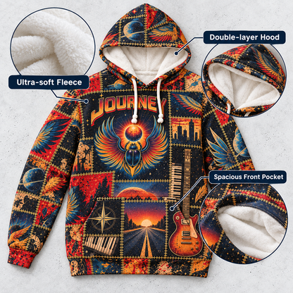 Journey Patchwork Hoodie – Vintage Rock Band Graphic Pullover, Retro Phoenix & Sunset Design, Classic Rock Music Fan Gift, Journey Inspired Sweatshirt