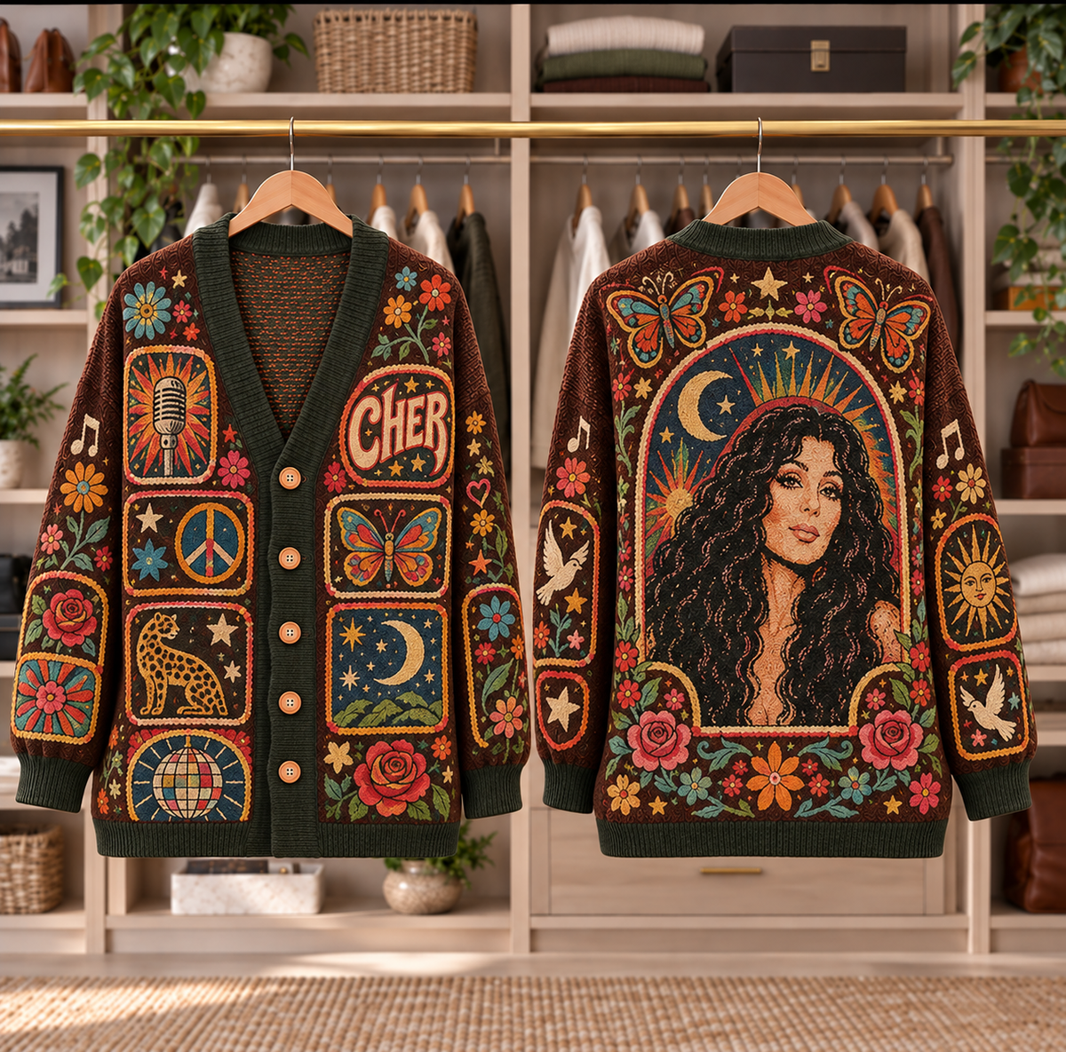 Cher Patchwork Knitted Cardigan - Casual Oversized Button Sweater, Butterfly Disco Ball Retro Pop Music Fan Gift