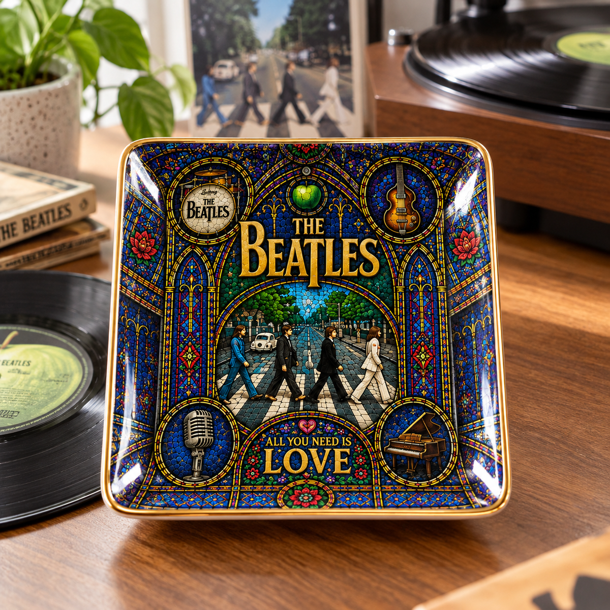 The Beatles Stained Glass Jewelry Dish - Ceramic Trinket Tray, Abbey Road All You Need Is Love Ring Holder, Rock Fan Gift