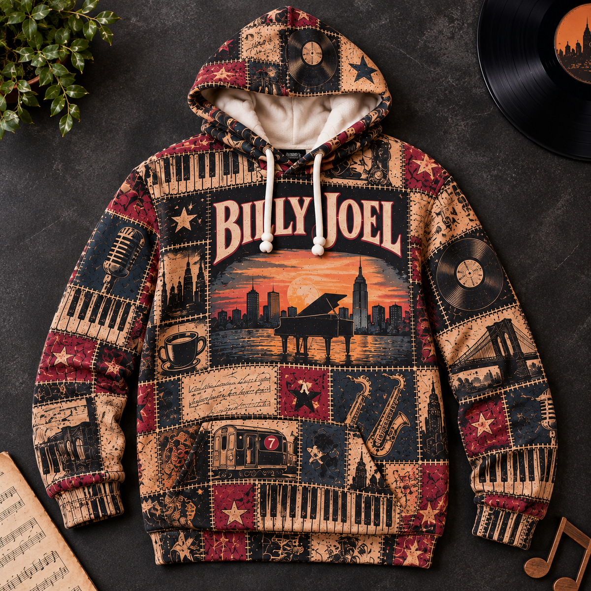 Billy Joel Patchwork Hoodie – Vintage Piano Man Graphic Pullover, Retro New York Rock Music Hoodie, Classic Rock Fan Gift