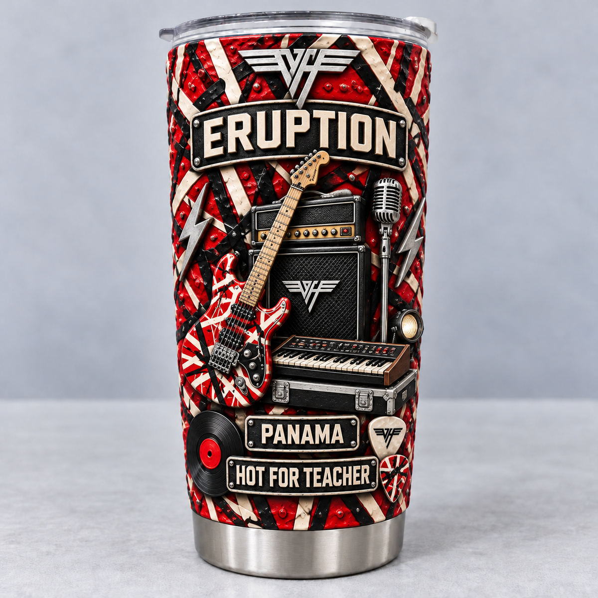 Van Halen 3D Printed Tumbler - 20oz Stainless Steel Insulated Travel Coffee Mug with Lid - Hard Rock Band Music Merchandise Gift