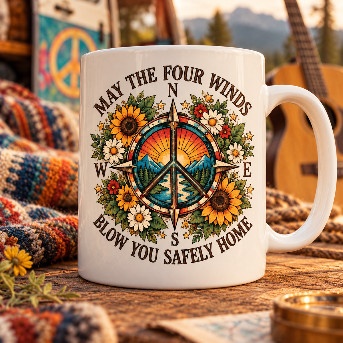 May The Four Winds Blow You Safely Home Mug – Peace Compass Ceramic Cup, Boho Mountain Sunflower Mug