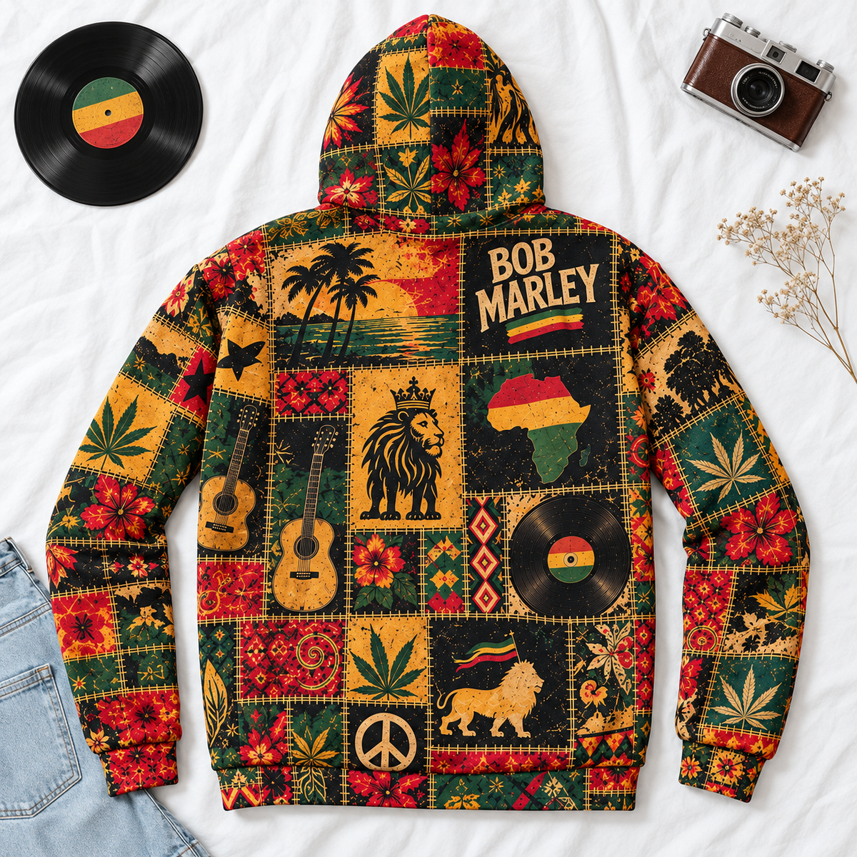 Bob Marley Patchwork Sherpa Hoodie – Vintage Reggae Pullover, Rasta Floral Graphic Hoodie, Soft Fleece, Bob Marley Fan Gift