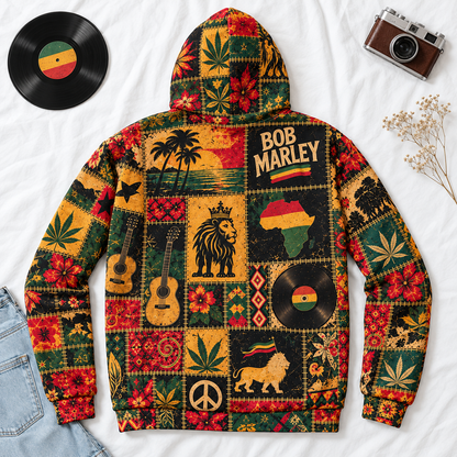 Bob Marley Patchwork Sherpa Hoodie – Vintage Reggae Pullover, Rasta Floral Graphic Hoodie, Soft Fleece, Bob Marley Fan Gift