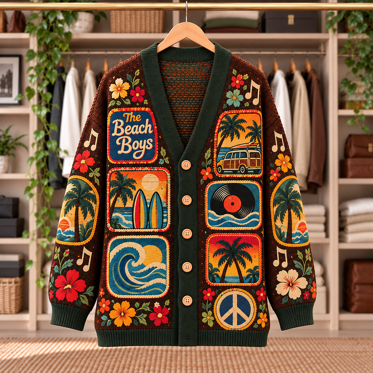 The Beach Boys Patchwork Cardigan - Casual Oversized Button Sweater, Surf Van Ocean Waves Rock Music Fan Gift