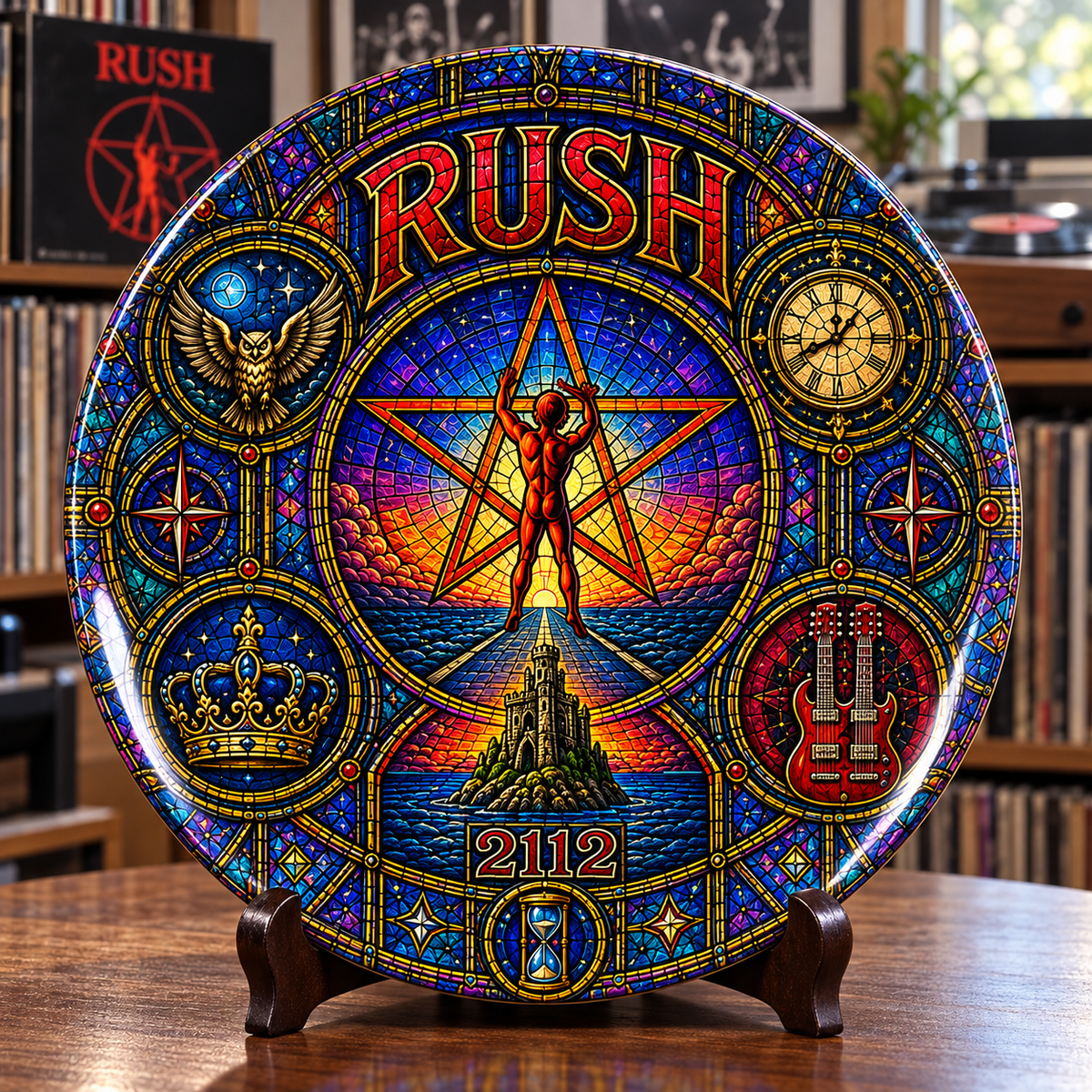 Rush Stained Glass Ceramic Plate - Decorative Wall & Table Display Dish, 2112 Starman Fly By Night Rock Fan Gift