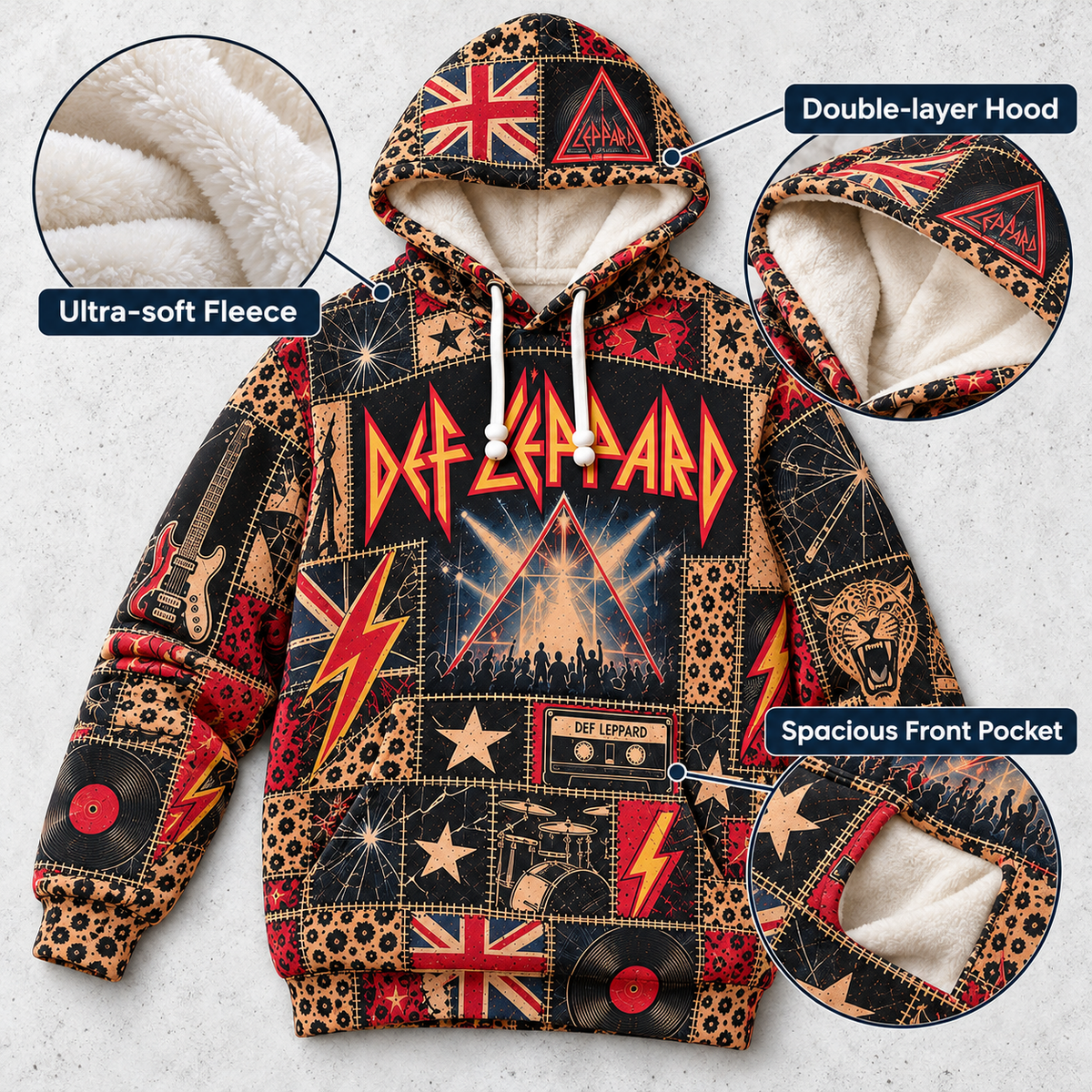 Def Leppard Patchwork Hoodie – Vintage 80s Rock Band Graphic Pullover, Retro British Hard Rock Hoodie, Def Leppard Fan Gift