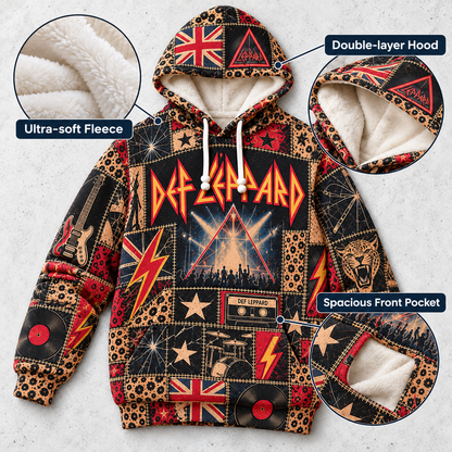 Def Leppard Patchwork Hoodie – Vintage 80s Rock Band Graphic Pullover, Retro British Hard Rock Hoodie, Def Leppard Fan Gift
