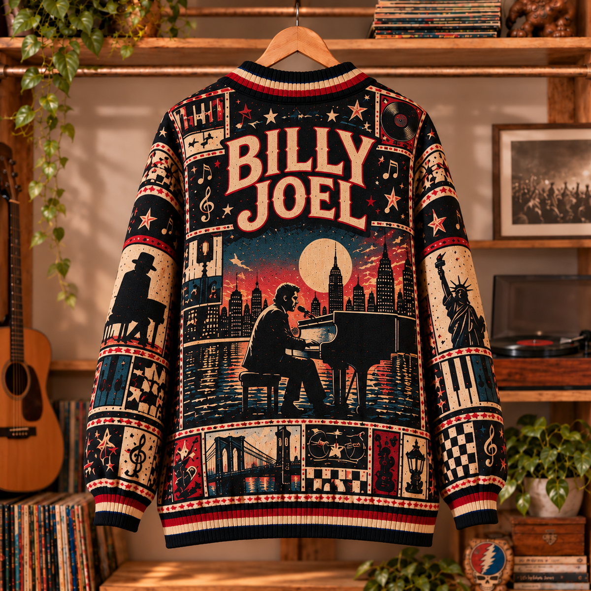 Billy Joel Retro Graphic Cardigan - Vintage Singer Knit Outerwear, Piano Man Fan Apparel & Fashion Style Gift