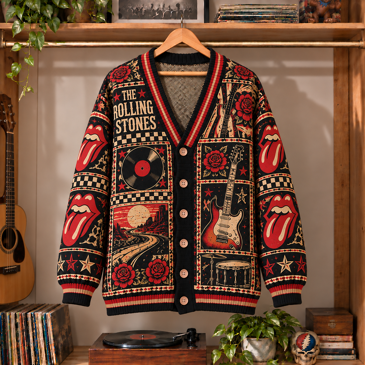 The Rolling Stones Retro Rock Knit Cardigan - Vintage Style Classic Rock Button Down Sweater, Unique British Invasion Band Merchandise Fan Outfit