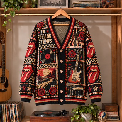 The Rolling Stones Retro Rock Knit Cardigan - Vintage Style Classic Rock Button Down Sweater, Unique British Invasion Band Merchandise Fan Outfit