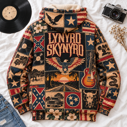 Lynyrd Skynyrd Patchwork Hoodie – Vintage Southern Rock Band Graphic Pullover, American Eagle & Free Bird Design, Retro Classic Rock Fan Gift, Unisex Sweatshirt