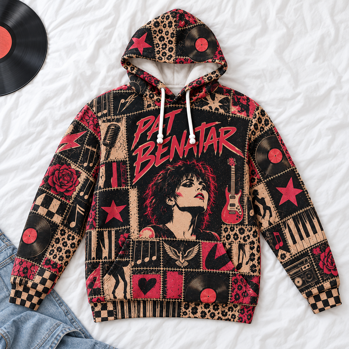 Pat Benatar Patchwork Hoodie – Vintage 80s Rock Graphic Pullover, Retro Rock Queen Sweatshirt, Soft Fleece-Lined Hoodie, Classic Rock Fan Gift, Unisex Music Hoodie