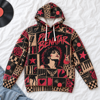 Pat Benatar Patchwork Hoodie – Vintage 80s Rock Graphic Pullover, Retro Rock Queen Sweatshirt, Soft Fleece-Lined Hoodie, Classic Rock Fan Gift, Unisex Music Hoodie