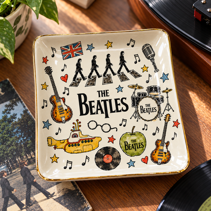 The Beatles Sketch Art Jewelry Dish - Ceramic Trinket Tray, Abbey Road Yellow Submarine Ring Holder, Rock Band Fan Gift