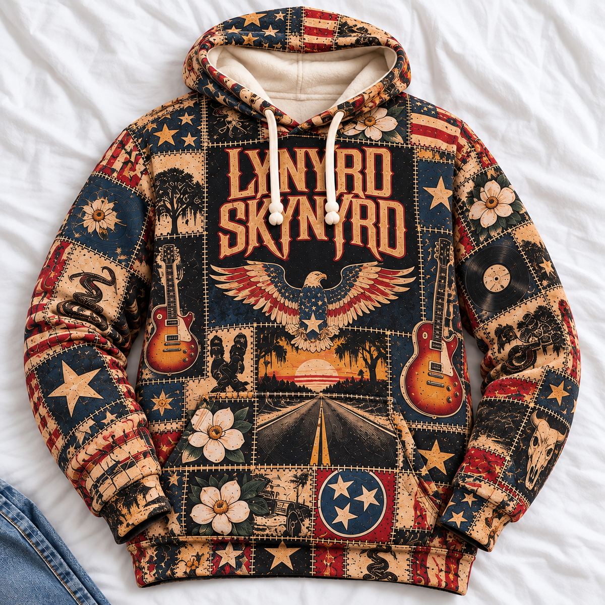 Lynyrd Skynyrd Patchwork Hoodie – Vintage Southern Rock Band Graphic Pullover, American Eagle & Free Bird Design, Retro Classic Rock Fan Gift, Unisex Sweatshirt
