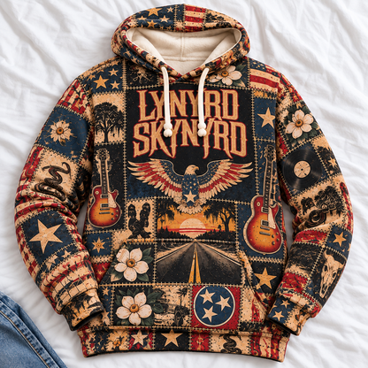 Lynyrd Skynyrd Patchwork Hoodie – Vintage Southern Rock Band Graphic Pullover, American Eagle & Free Bird Design, Retro Classic Rock Fan Gift, Unisex Sweatshirt