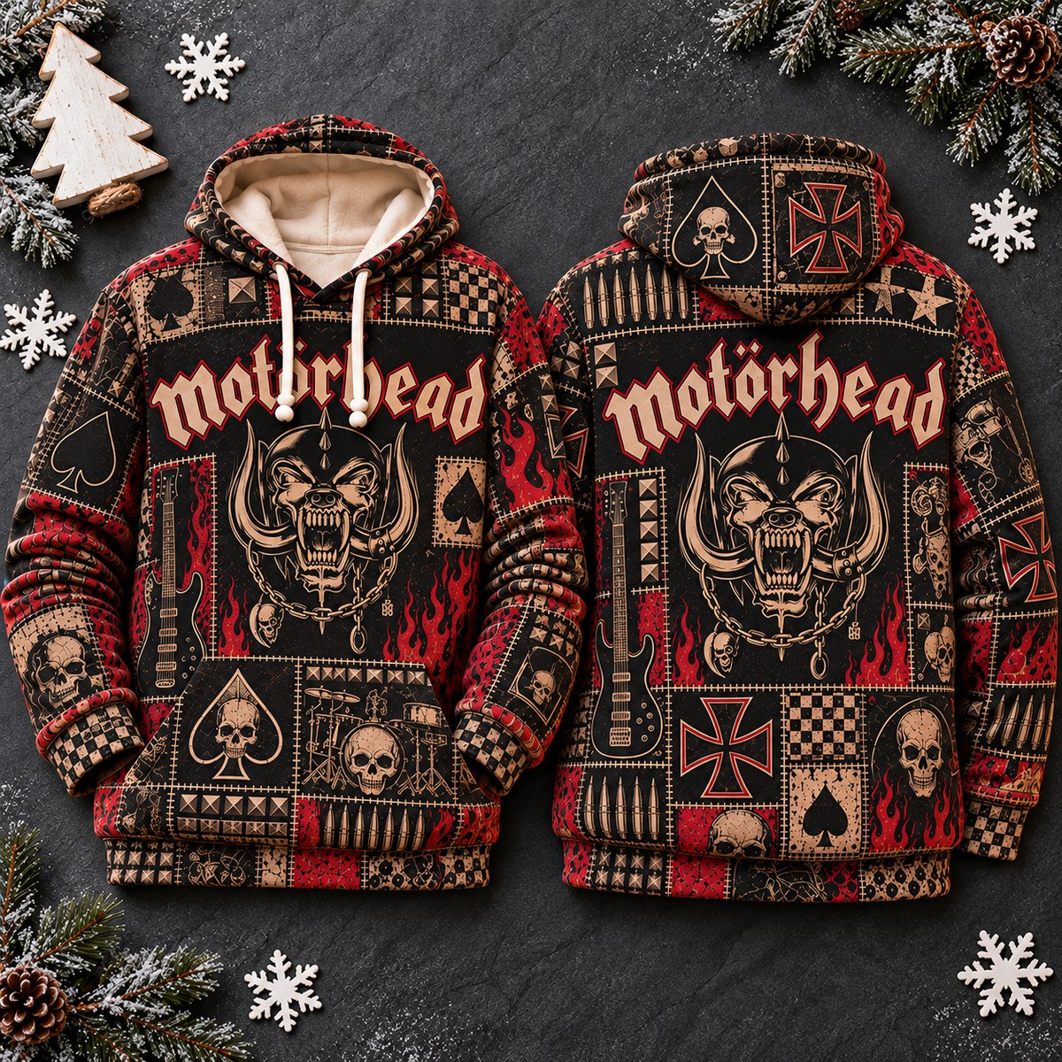 Motörhead Patchwork Hoodie – Vintage Heavy Metal Graphic Pullover, Snaggletooth Skull Sweatshirt, Retro Rock Band Fan Gift, Unisex Biker Hoodie