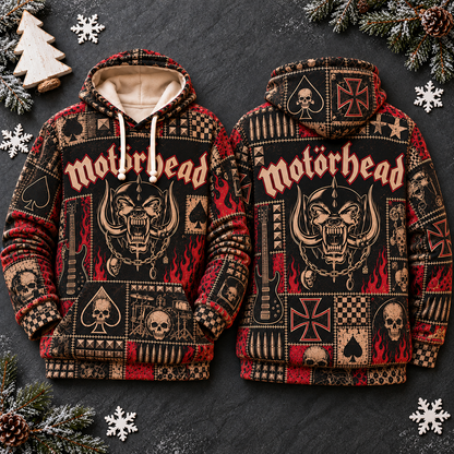 Motörhead Patchwork Hoodie – Vintage Heavy Metal Graphic Pullover, Snaggletooth Skull Sweatshirt, Retro Rock Band Fan Gift, Unisex Biker Hoodie
