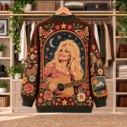 Dolly Parton Patchwork Cardigan - Casual Oversized Button Sweater, Cowboy Hat Boots Country Music Fan Gift