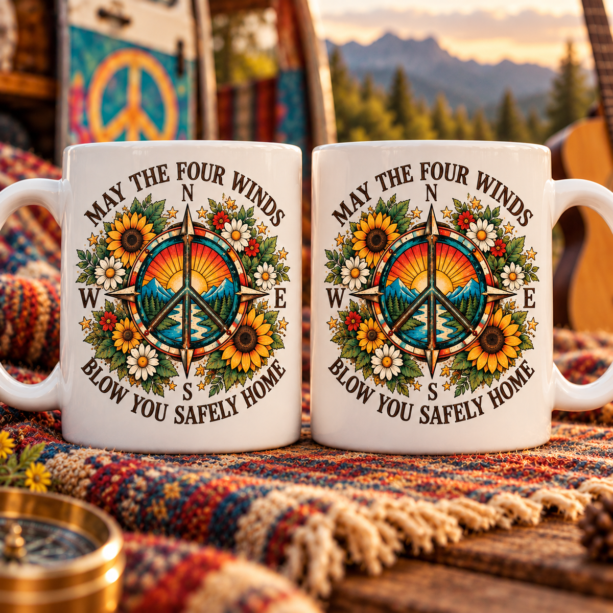 May The Four Winds Blow You Safely Home Mug – Peace Compass Ceramic Cup, Boho Mountain Sunflower Mug