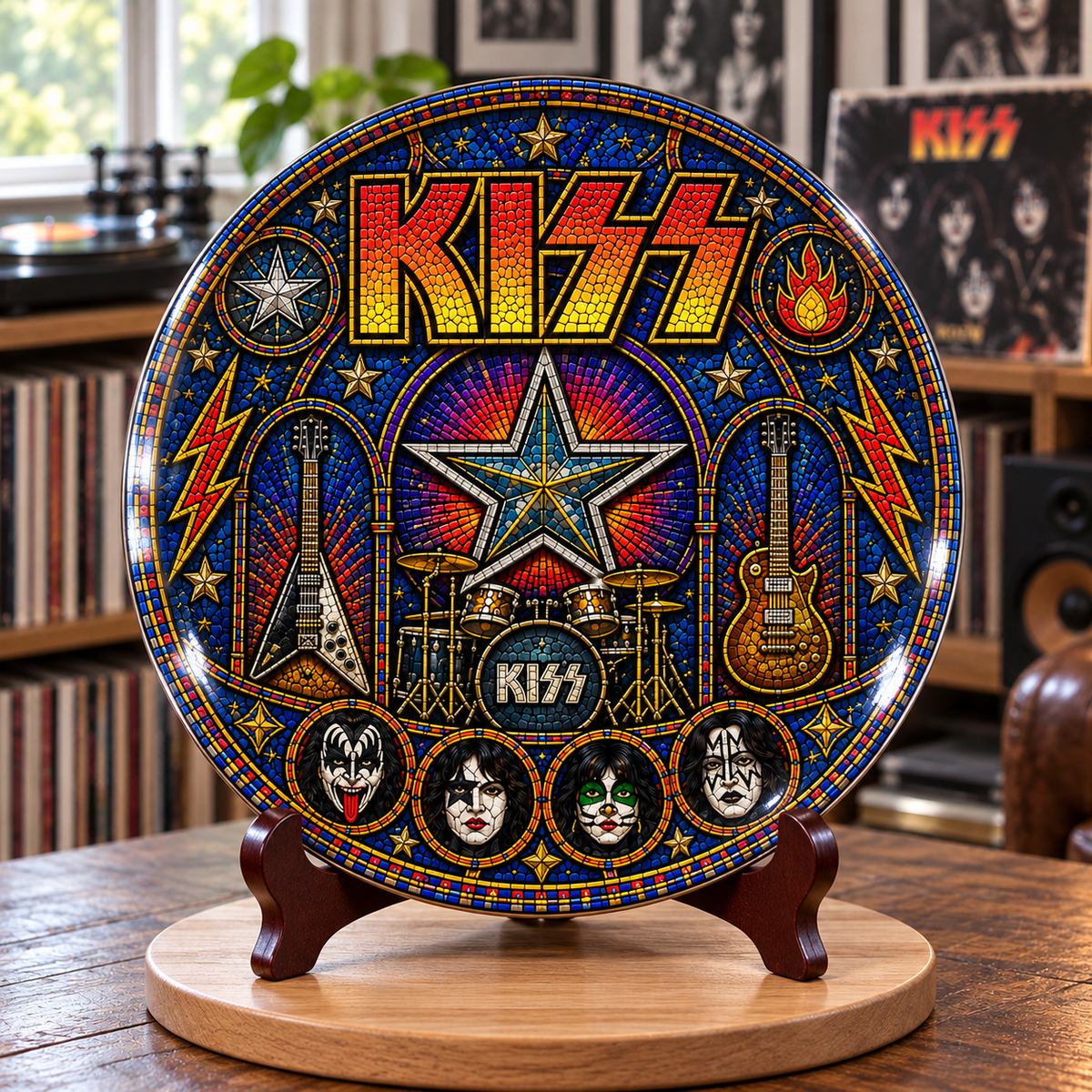 KISS Stained Glass Ceramic Plate - Decorative Wall & Table Display Dish, Rock Band Makeup Face Icons Fan Gift