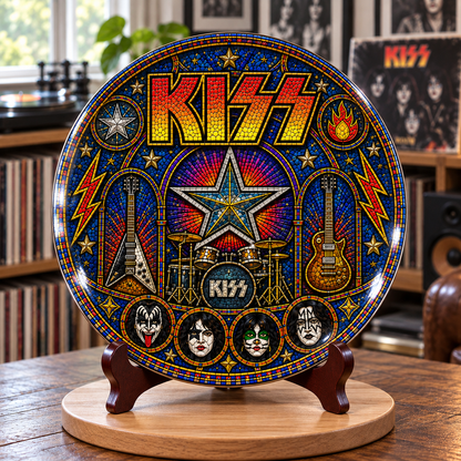 KISS Stained Glass Ceramic Plate - Decorative Wall & Table Display Dish, Rock Band Makeup Face Icons Fan Gift