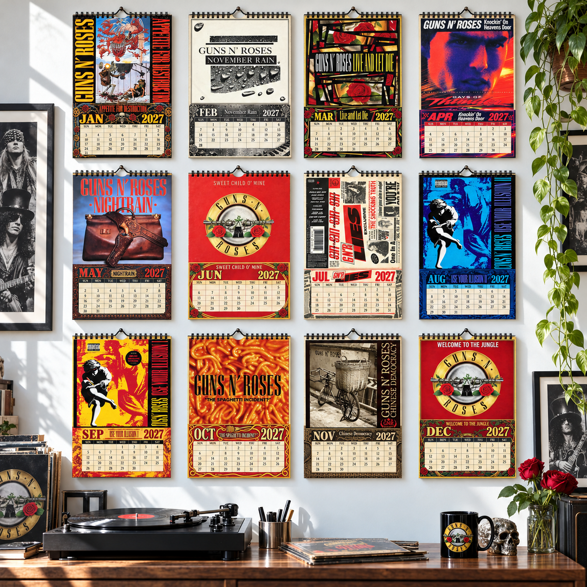 2027 Guns N' Roses Album Covers Calendar – Vintage Hard Rock Wall Calendar, GNR Music Collage