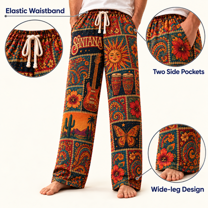 Santana Latin Rock Pajama Pants - Retro Patchwork Electric Guitar, Conga Drums & Desert Cactus Art Sleepwear - Comfortable Pajama Pants for Music Fans